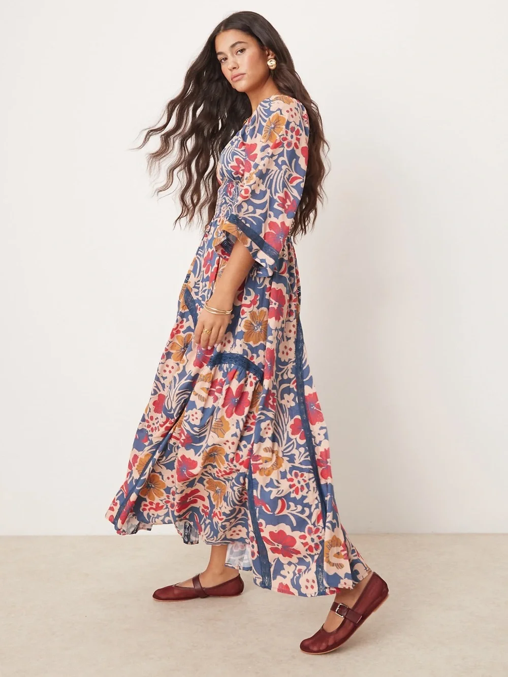 Free People Bohemian Floral Maxi Dress in Blue & Pink